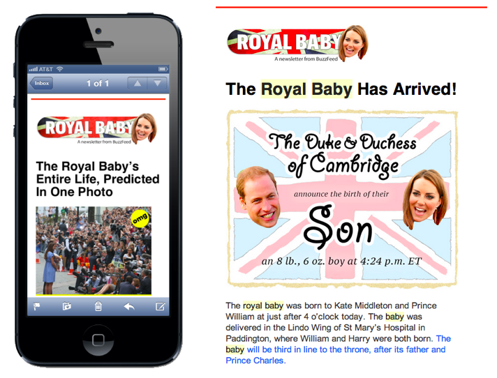 screenshots from the royal baby newsletter