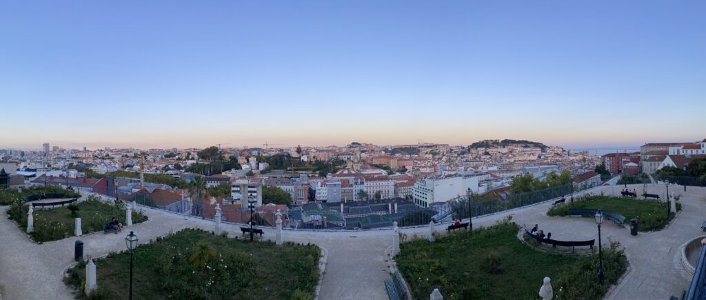 That's the view from the Bairro Alto in Lisbon at sunset.