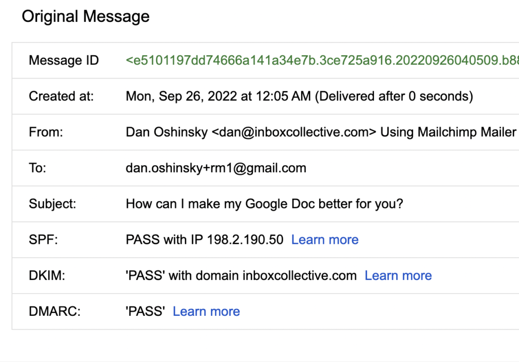That’s what my authentication settings look like now. The big three — SPF, DKIM, and DMARC — are at the bottom. There are only two options: PASS or FAIL. (You can probably figure out which is one you want.)