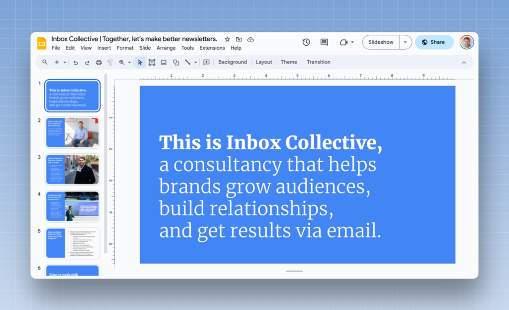 The first Inbox Collective website was six Google Slides, with a few details about my work and contact information.