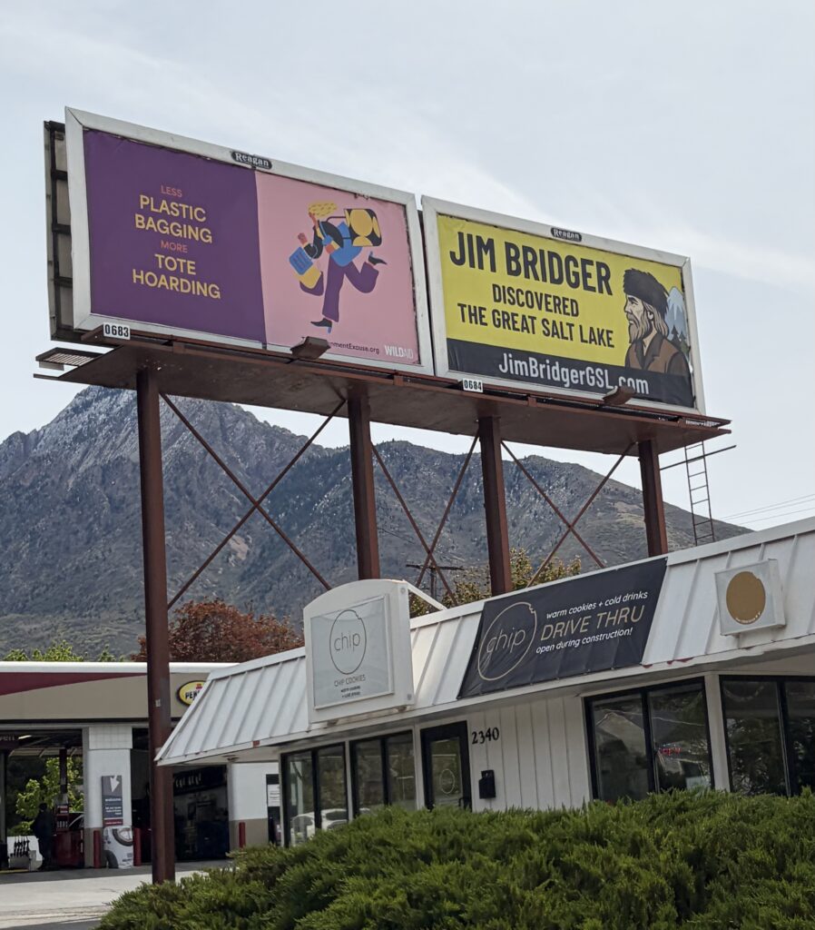 The Jim Bridger billboard, as seen roadside in Salt Lake City.